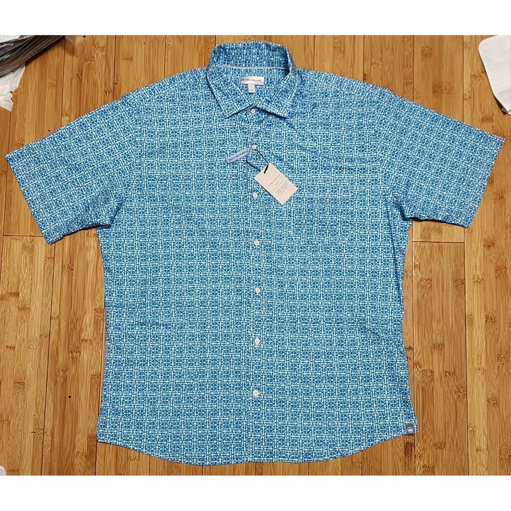 Peter Millar Crown Men L Blue Geometric Performance Fin Ray Stretch MS23W63SUF